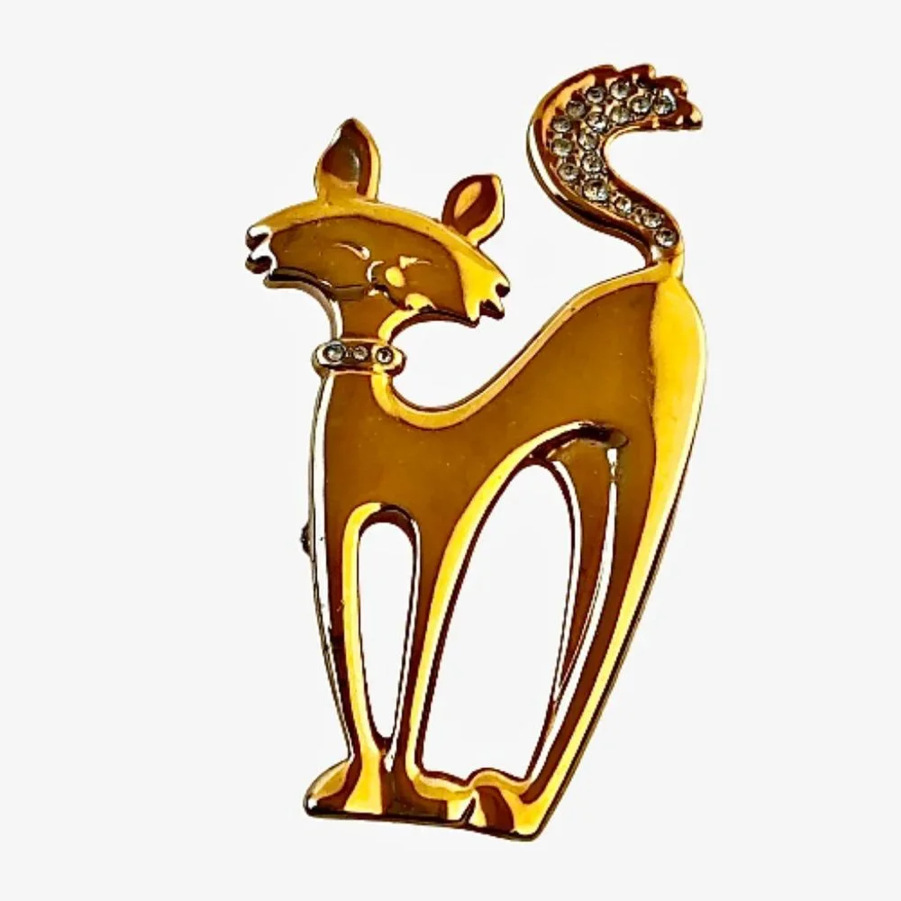 Cat Pin Brooch Mod Sophisticated Kitty Gold Tone & Rhinestone Collar & Tail